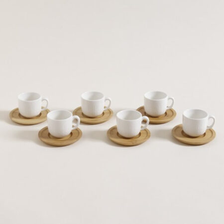 Set Taza porcelana con plato de bamboo x 6